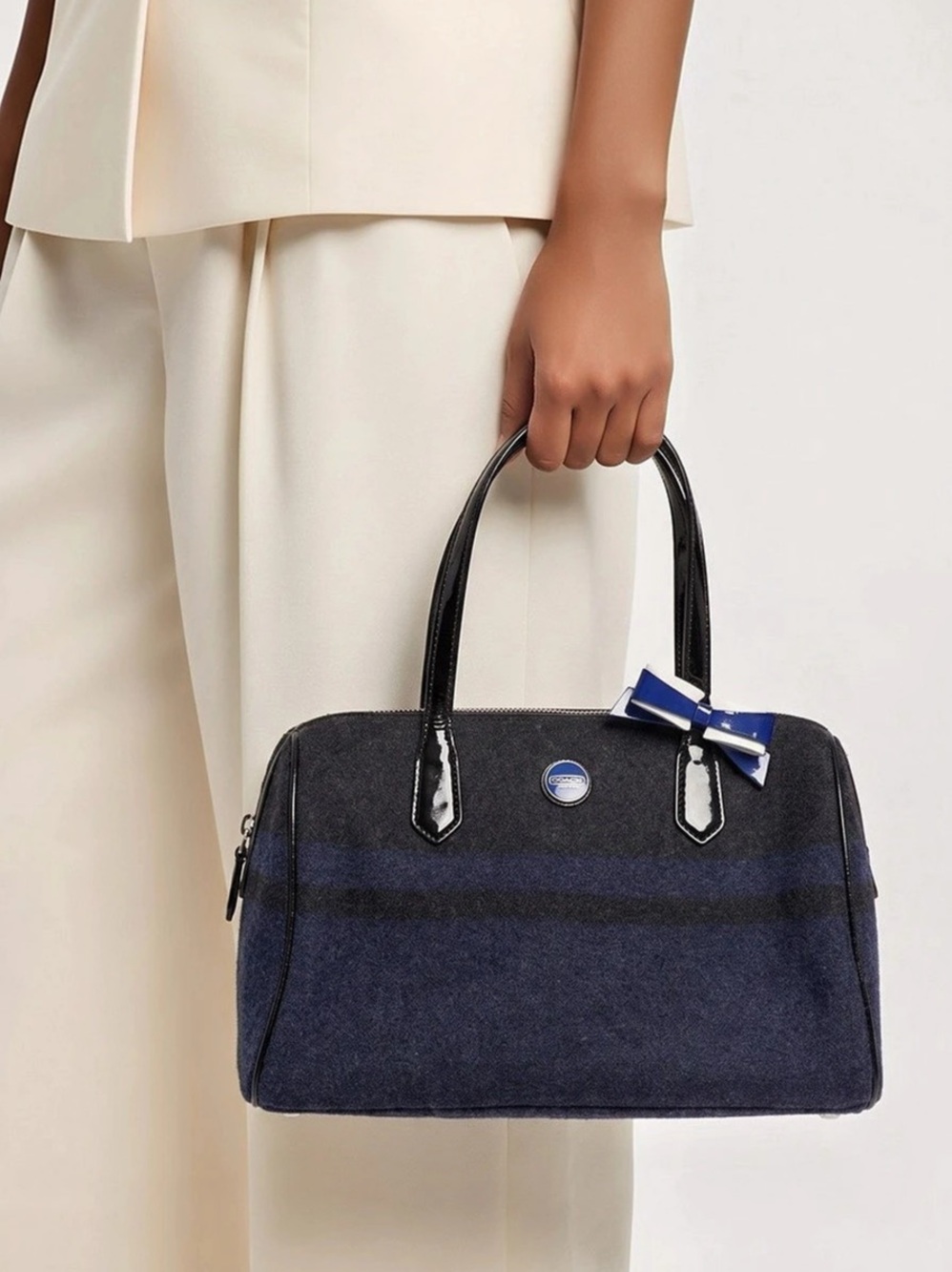 Coach North/South Tote Black Blue Top Handle Bag Double Handles Bow Accent Studs